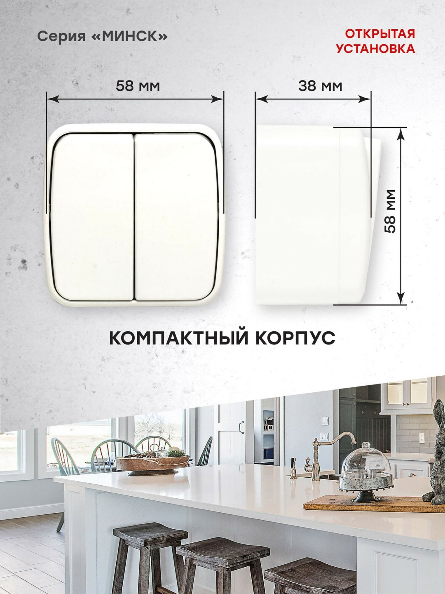 Минск Выключатель 2-клавишный ОП 10А белый EKF Basic