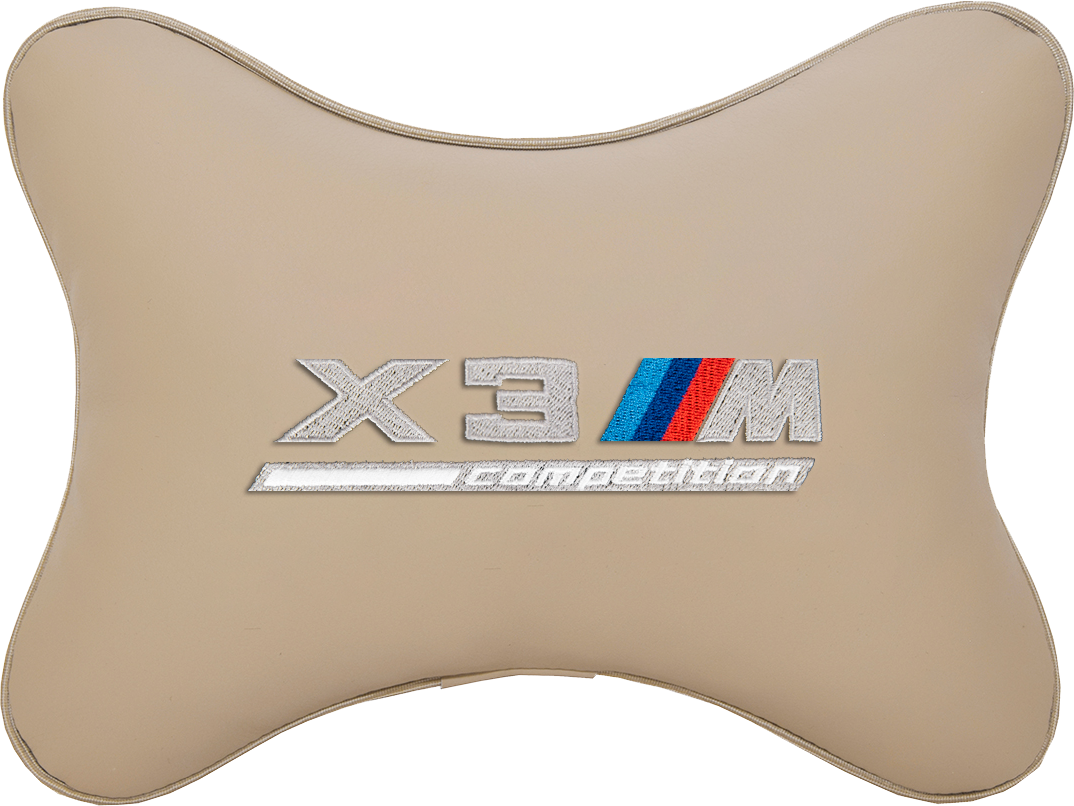 Подушка на подголовник экокожа Beige с логотипом автомобиля BMW X3M COMPETITION