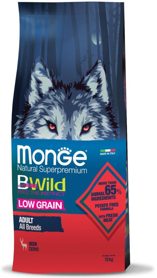 Monge Dog BWild Low Grain сухой низкозерновой корм из мяса оленя для взрослых собак всех пород - 12 кг