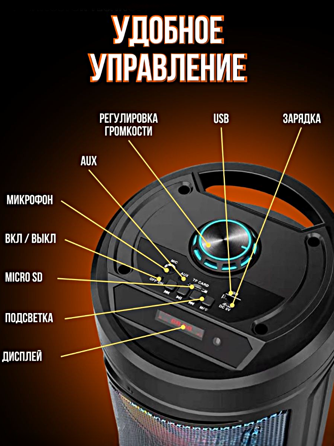 Большая беспроводная портативная Bluetooth колонка ZQS6212 Светомузыка Караоке LED подсветка 3000 mAh AUX USB Черный