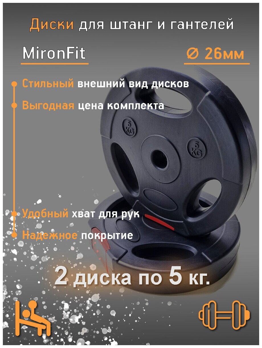 Набор из 2-х дисков, блины для гантелей пластиковые по 5 кг. Mironfit