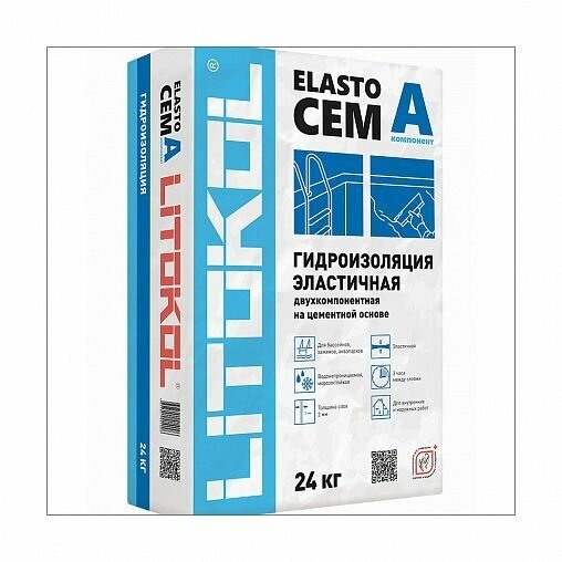 фото Гидроизоляция эластичная двухкомпонентная Litokol Elastocem, компонент А, 24 кг