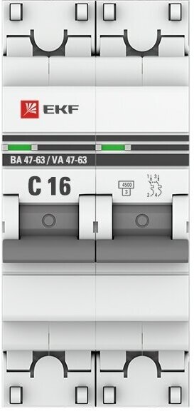 Автоматический выключатель 2P 16А (C) 4,5kA ВА 47-63 EKF PROxima