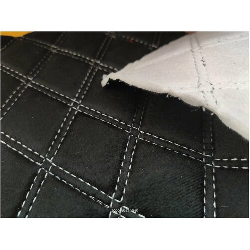 Искусственная замша / Алькантара стеганая (0,5м х 1,5м) ткань для перетяжки / прошитая #1 F черн/silver нить