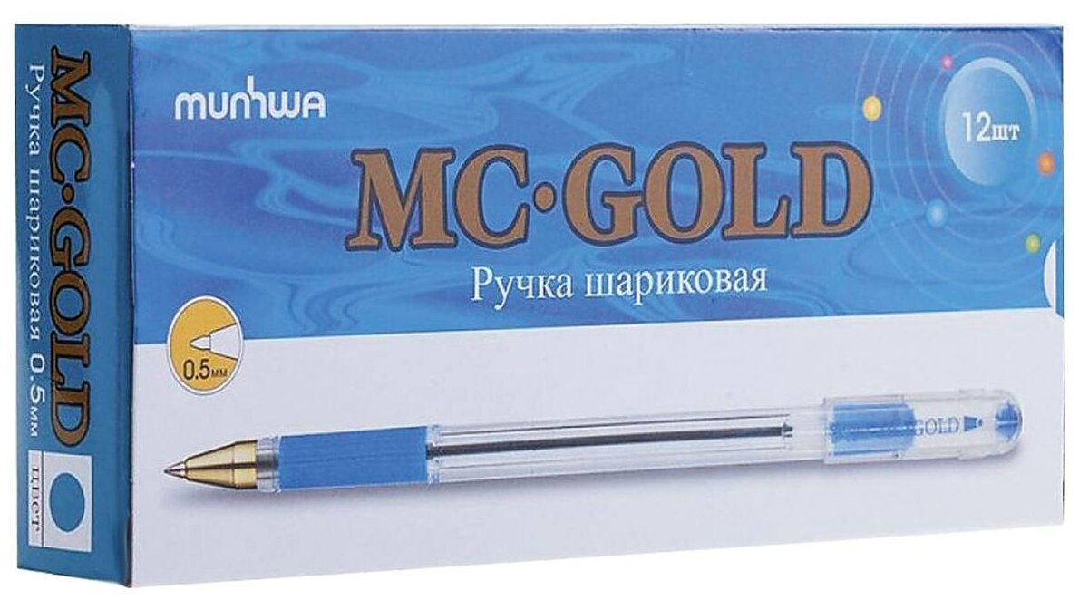 Ручка шариковая MunHwa масляная "MC Gold", корпус прозрачный, 0,5 мм, линия 0,3 мм, синяя (BMC-02)