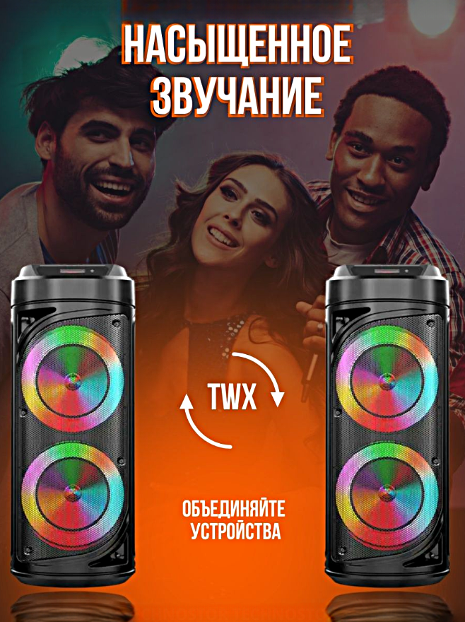 Большая беспроводная портативная Bluetooth колонка ZQS6212, Светомузыка, Караоке, LED подсветка, 3000 mAh, AUX, USB, Черный — фото 14