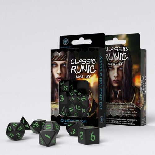 фото Набор кубиков для настольных ролевых игр q-workshop classic runic dice set: black & green q workshop