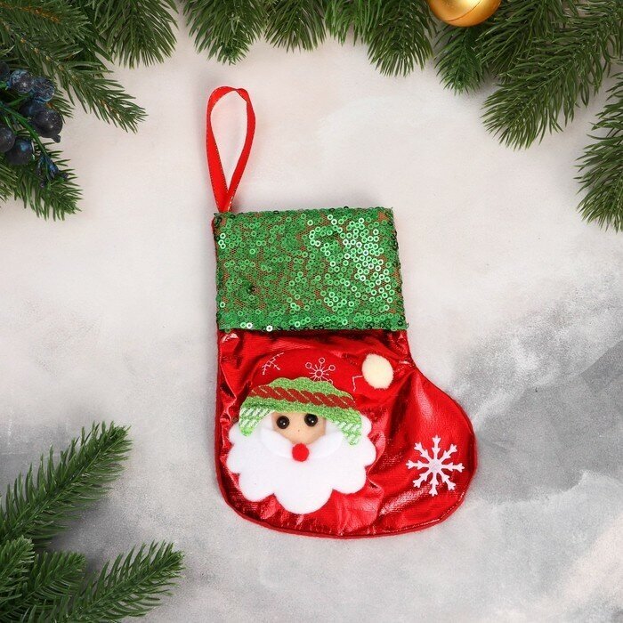 Носок для подарков Дед Мороз блеск, снежинка 13х16 см, красно-зелeный