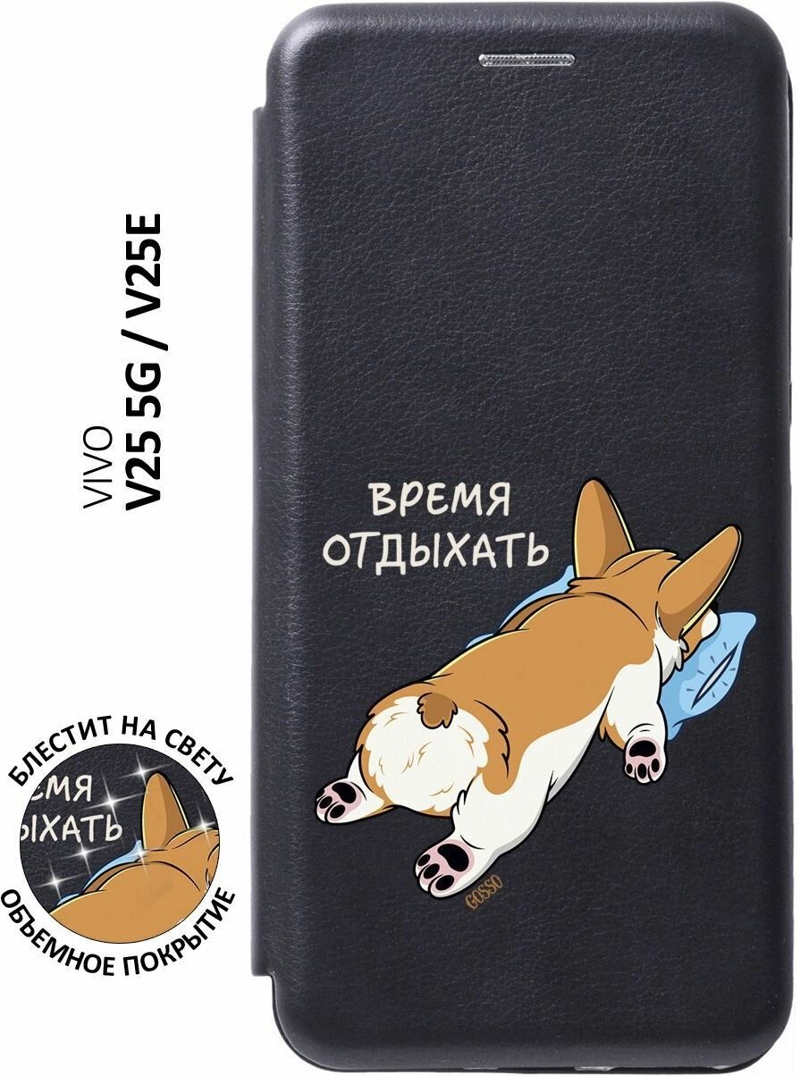 Чехол-книжка на Vivo V25 5G, V25e, Виво В25, В25е с 3D принтом "Relax for corgi" черный