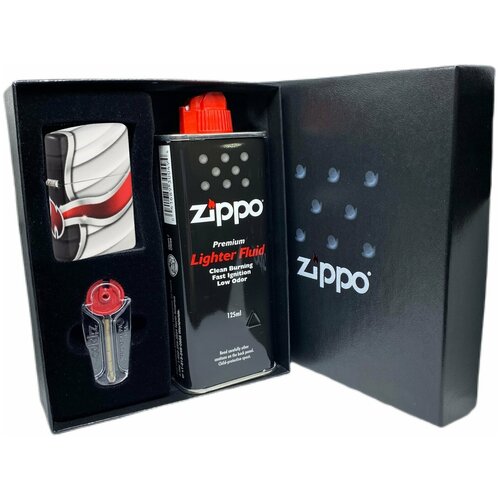 Подарочный набор ZIPPO ( Зажигалка ZIPPO 49357 Flame Design, белая, с покрытием White Matte + кремни + топливо, 125 мл )