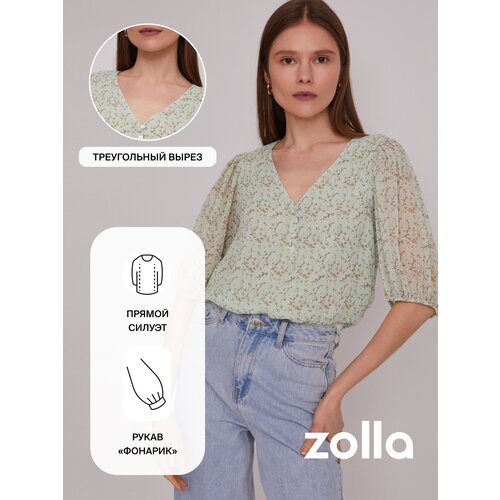 Блуза  Zolla, повседневный стиль, прямой силуэт, короткий рукав, подкладка, флористический принт, размер S, зеленый