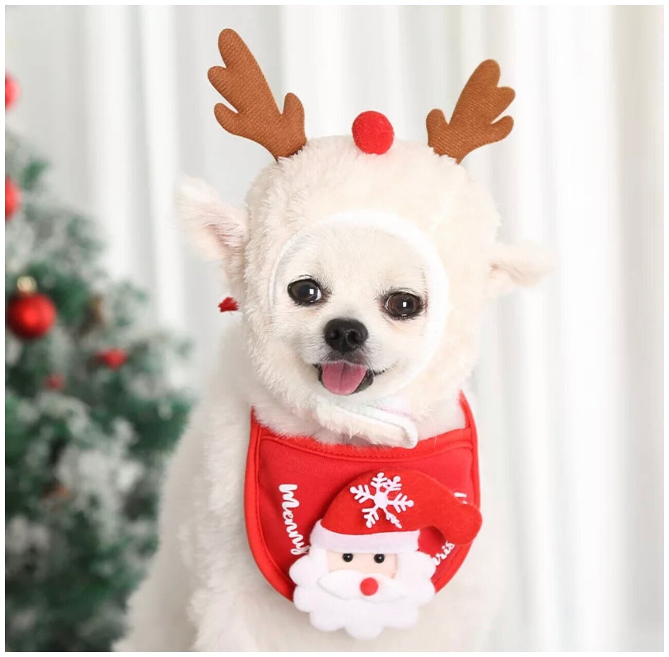 Забавный карнавальный костюм для собак мелких и средних пород на Новый год, зимняя шапка и нарядный передник для собак - фотография № 1