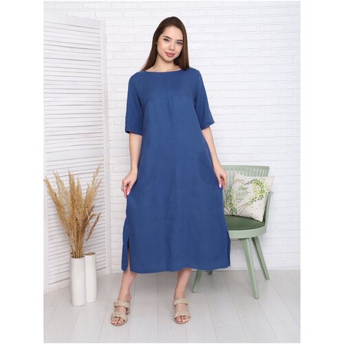 фото Платье синее лен натуральный эко большой размер женская одежда удлиненная туника платье женское 3200-50 мадис