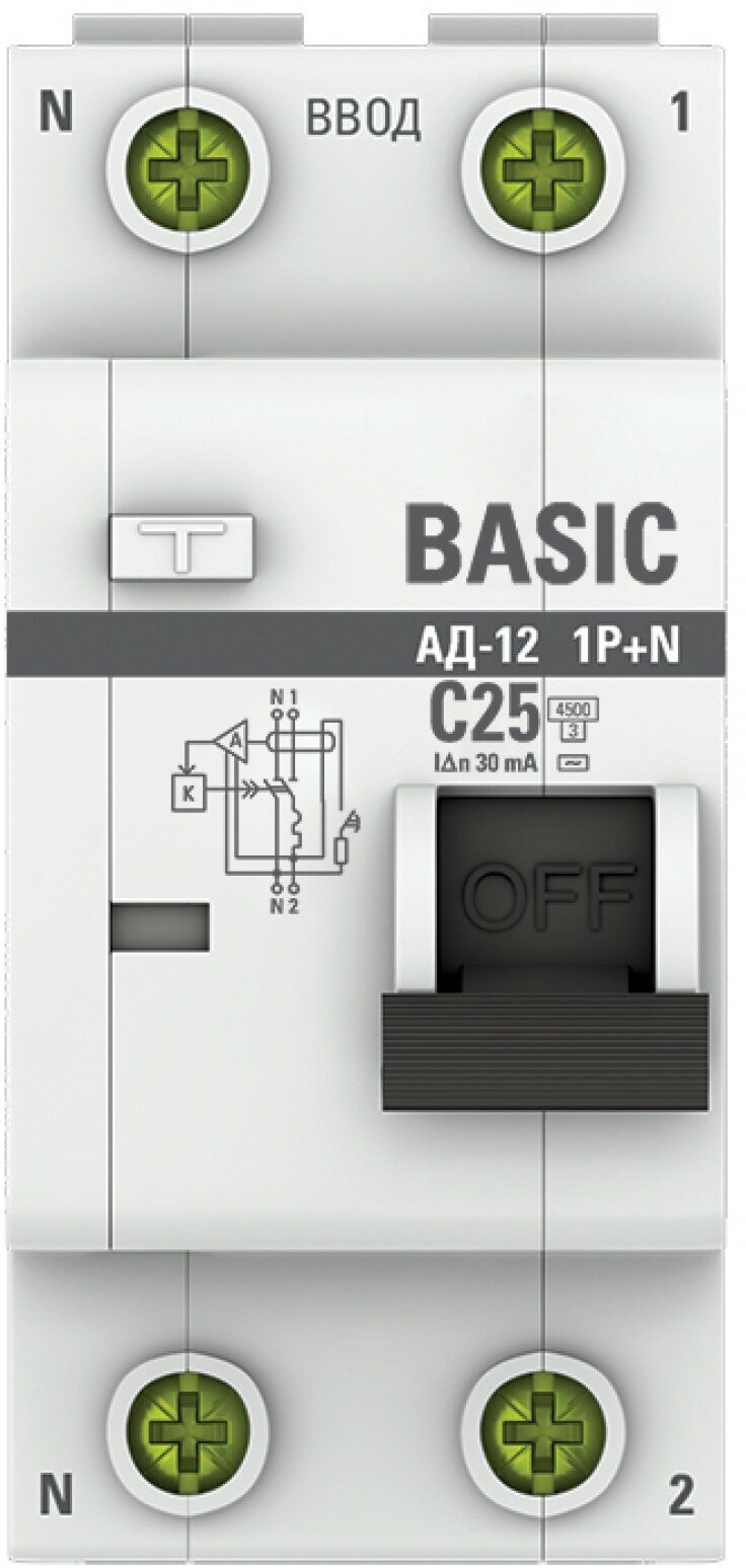 Автоматический выключатель дифференциального тока 1P-N 25А 30мА тип АС х-ка C эл. 4,5кА АД-12 Basic