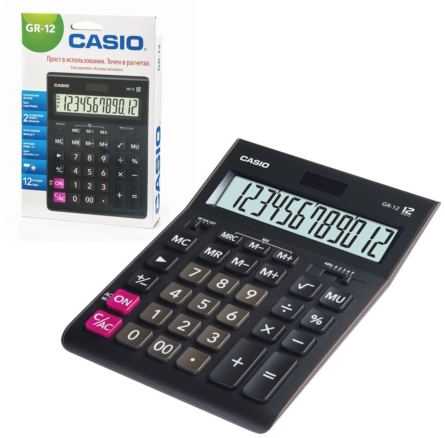 Калькулятор настольный CASIO GR-12-W (209х155 мм) 12 разрядов двойное питание черный европодвес GR-12-W-EP