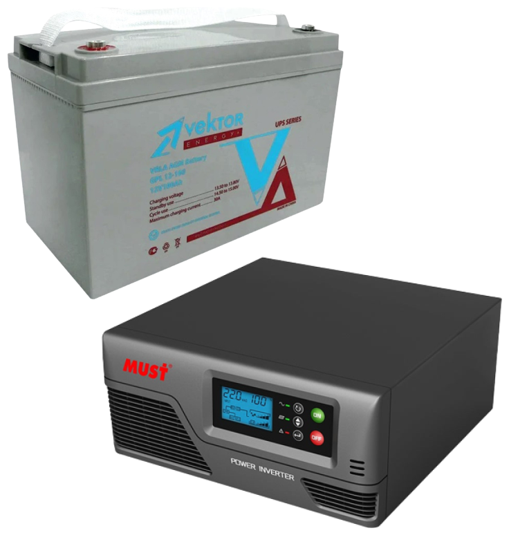 Резервный ИБП Must EP20-1000 PRO в комплекте с аккумулятором Vektor Energy GPL 12-100 1000Вт/100А*Ч