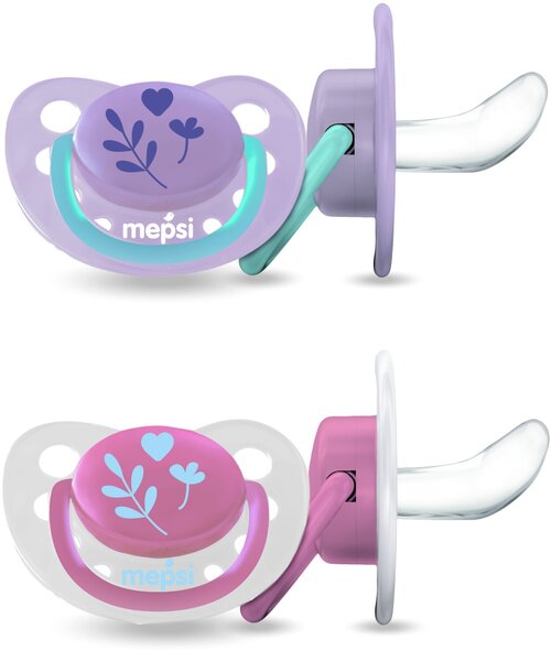 Соска-пустышка силиконовая ортодонтическая Mepsi Цветы, с рождения, 2 шт., розовый, фиолетовый, 2 шт.