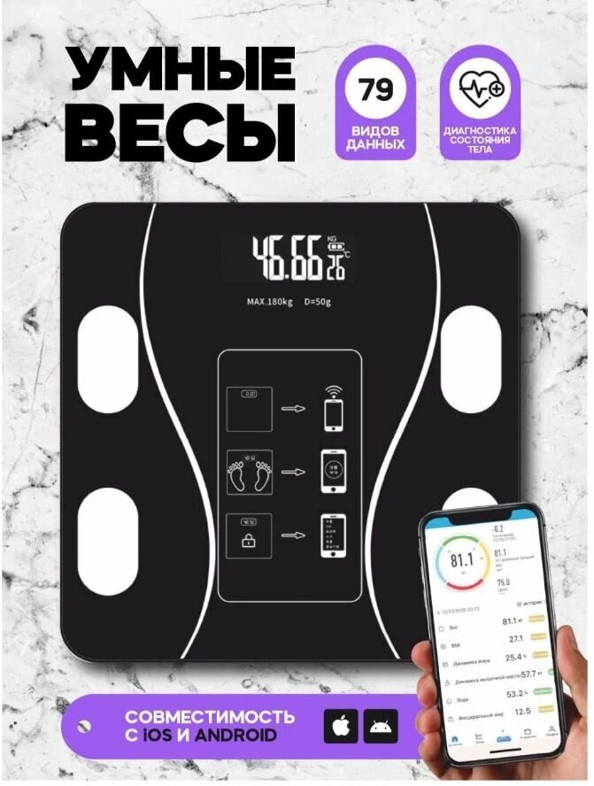 Умные весы c bmi / электронные напольные весы для iPhone / Xiaomi / Android / iOS, черный - фотография № 3