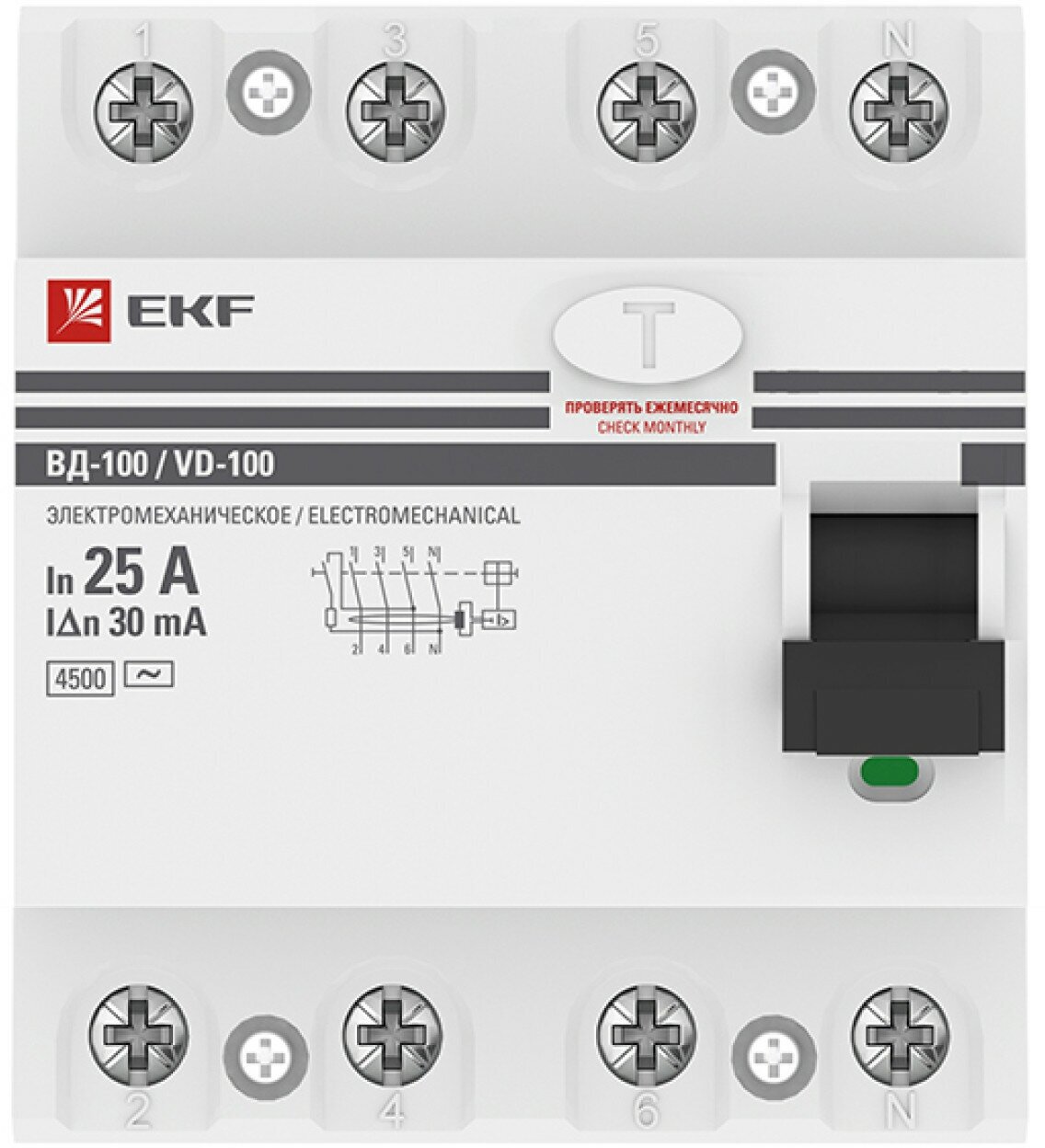 Устройство защитного отключения УЗО ВД-100 4P 25А- 30мА (электромеханическое) EKF PROxima