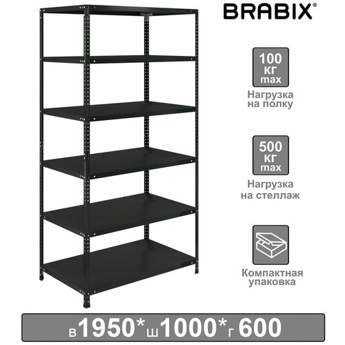 Стеллаж металлический BRABIX графит MS KD-200/60-6, лофт, 2000х1000х600 мм, 6 полок, 291274, S240BR246693