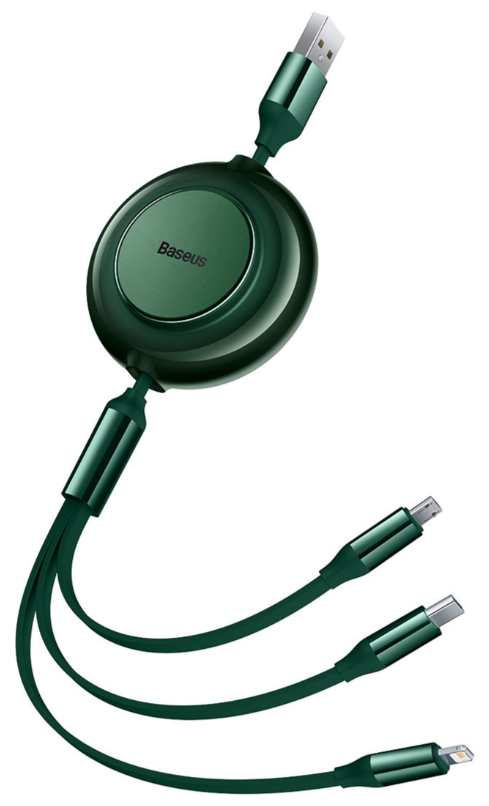 фото Кабель для зарядки / быстрой зарядки 3 в 1 /универсальная / Выдвижной кабель/ Baseus Bright Mirror Data Cable USB to M+L+C 3.5A 1.1m Green CAMJ010006