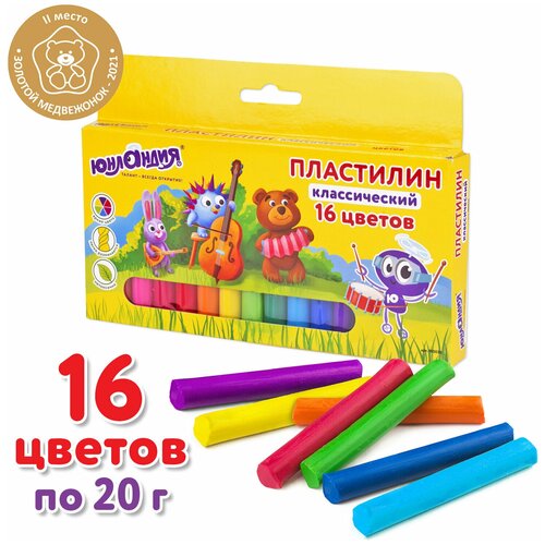 фото Пластилин классический юнландия "юнландик-музыкант", 16 цветов, 320 г, высшее качество, 105030
