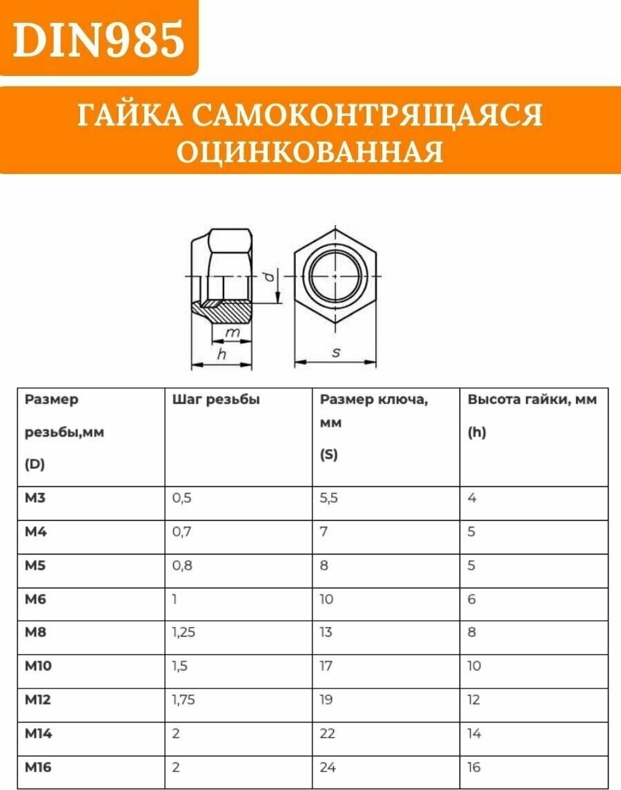 Гайка самоконтрящаяся DIN985 M6 оцинкованная (кл.пр. 8), 10 шт. - фотография № 3