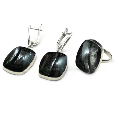 Комплект бижутерии: кольцо, серьги, гиперстен, размер кольца 18.5, черный
