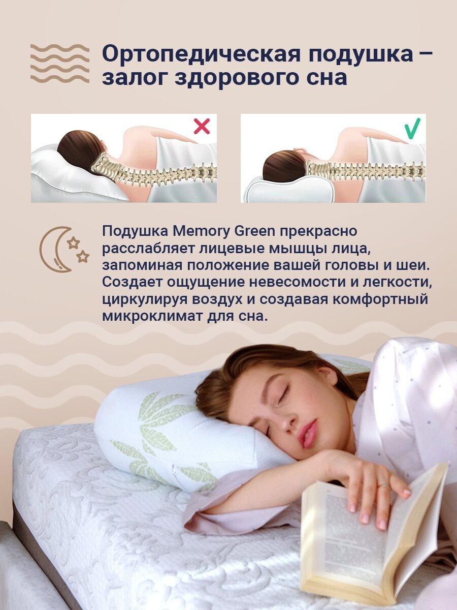 Подушка ортопедическая Memory Green 58х38 см. подушка анатомическая с эффектом памяти для сна - фотография № 2