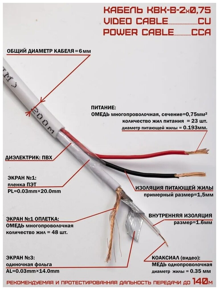 Кабель для видеонаблюдения КВК-В 2х0.75 с 3-м экранированием белый (50 м.) в комплекте с BNC(2) и DC (1+1) - фотография № 2