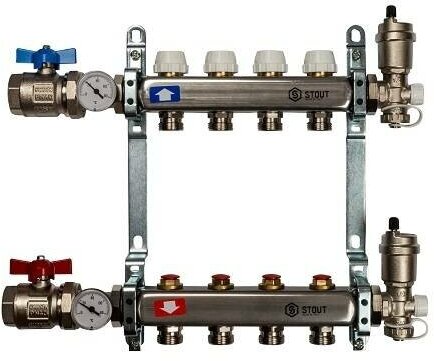 Коллекторная группа для радиаторного отопления STOUT SMS0912 - 1" на 4 контуров 3/4"EK (нерж. сталь)