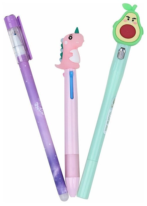 Набор ручек пиши стирай фигурный микс 3 штуки; гелевые ручки стирающиеся с ластиком; канцелярия для школы; детская ручка стираемая синяя светящийся