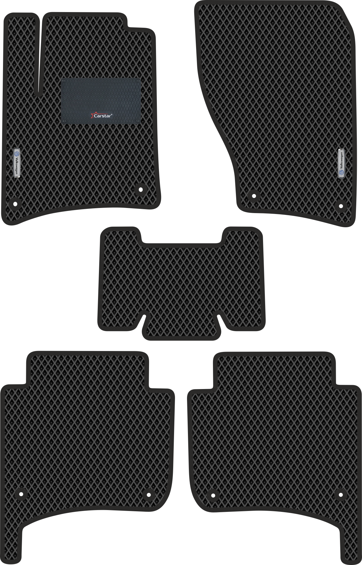 Автомобильные коврики EVA для Volkswagen Touareg II (2010-2018), с каучуковым подпятником и 2 эмблемами, чёрные с чёрным кантом, ячейка - ромб