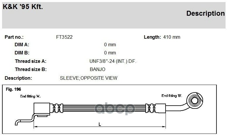 Шланг тормозной передн лев JEEP: CHEROKEE 2.1 TD/2.5I 89- K&K арт. FT3522