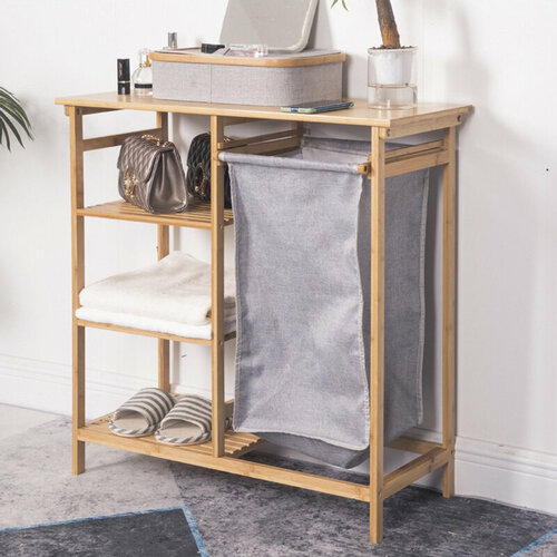 Этажерка для ванной из бамбука, Стеллаж для хранения с корзиной для белья Bambuchka, 80x34x80 см
