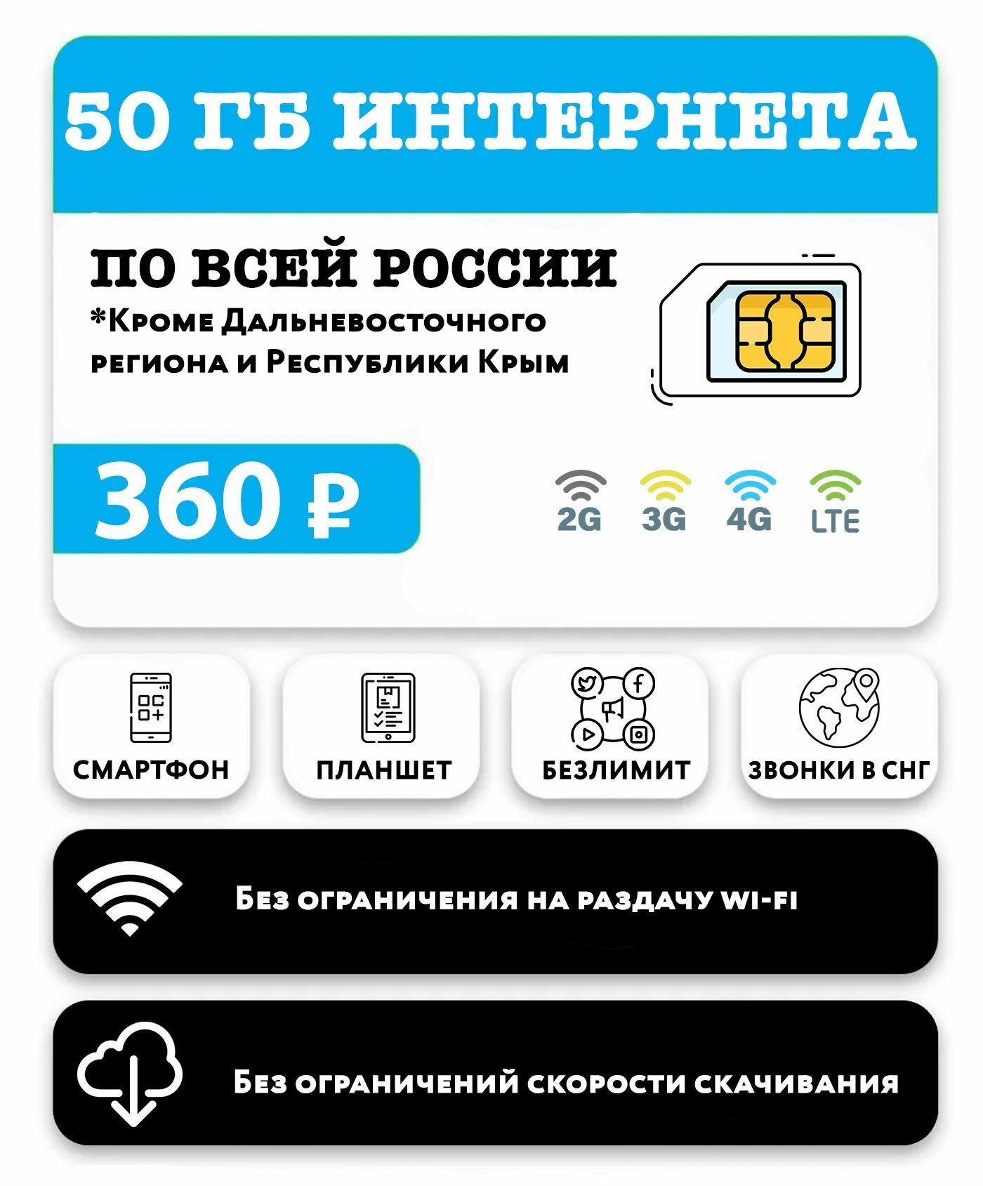 SIM-карта с 50 гб интернета 3G/4G/LTE + звонки в СНГ за 360 руб/мес (смартфоны) + выгодные звонки в СНГ + соц сети