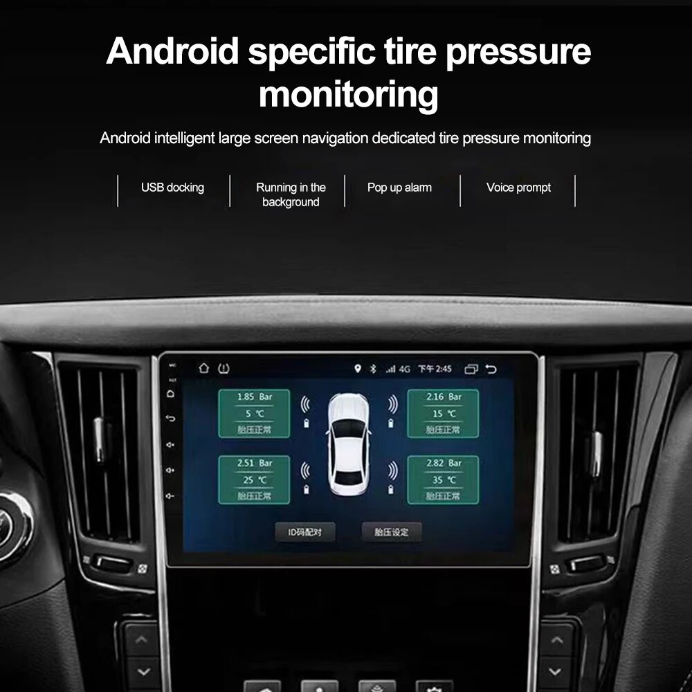 USB Android TPMS Система контроля давления в шинах Внешний датчик запасного колеса USB TMPS для автомобиля Предупреждение о температуре напряжении, Черный — фото 1