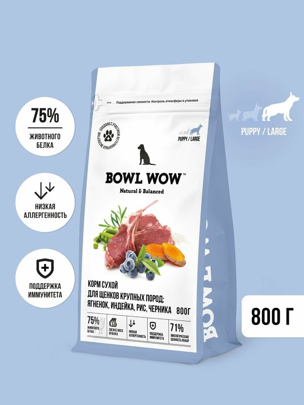 Корм сухой BOWL WOW супер премиум со свежим ягненком, индейкой, рисом и черникой для щенков крупных пород полнорационный, натуральный с высоким содержанием белка для суставов, 800 г
