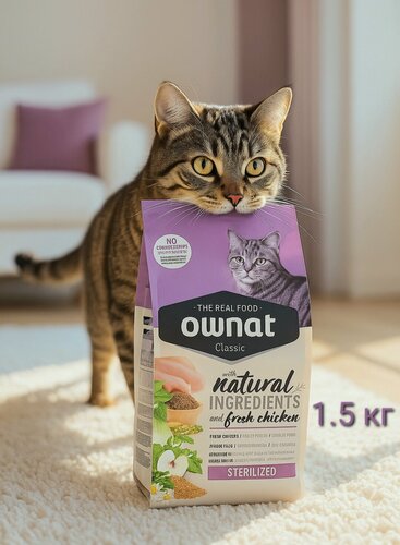 Изображение товара Корм Ownat Adult Sterilised Classic, сухой, для стерилизованных кошек, с курицей 1.5кг