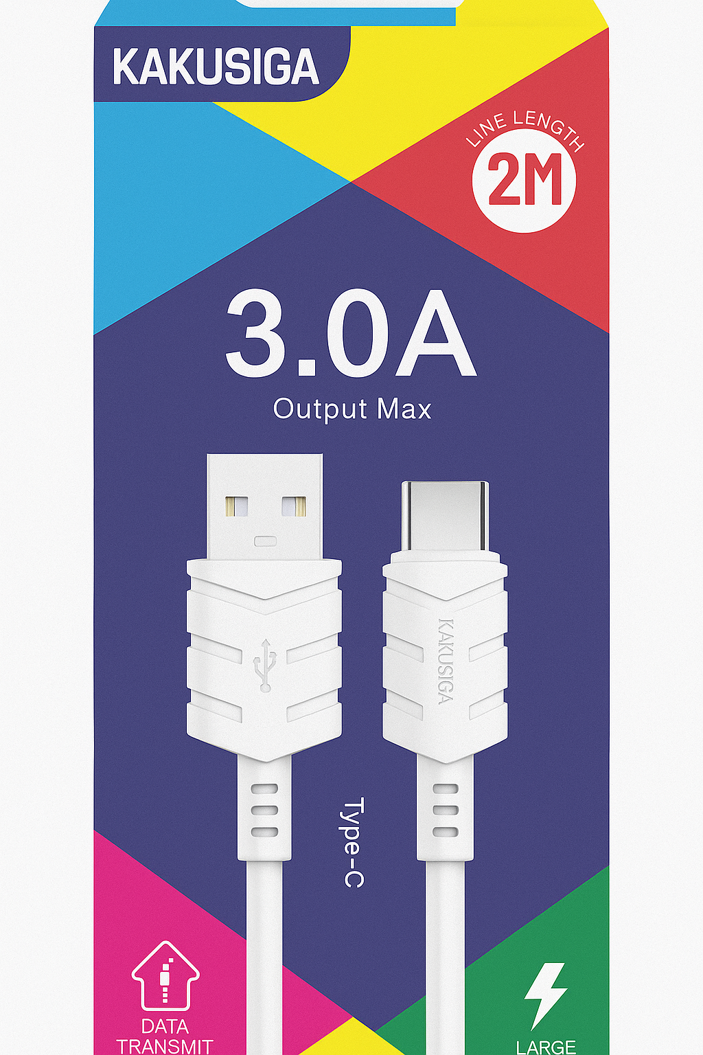 Кабель Kakusiga Type-C 3A 2M — быстрая зарядка, напряжение 3,0 А, материал ПВХ, прочный и долговечный, белый цвет