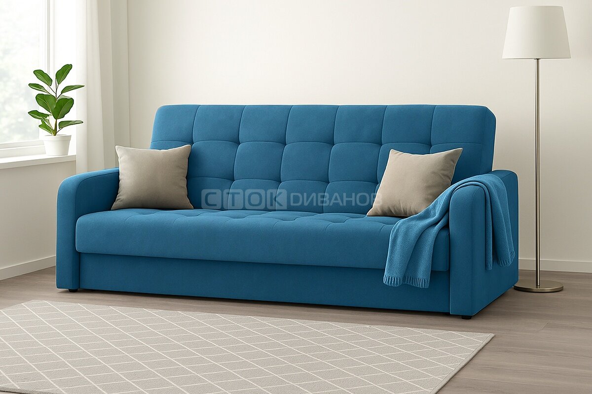 Диван Сток Диванов Диего-2 Blue синий велюр 214 см, механизм книжка, с ящиком для хранения