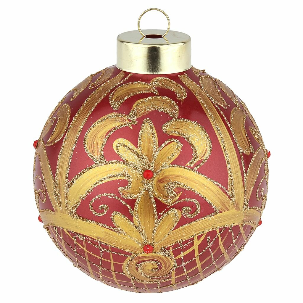 Елочная игрушка шар стеклянная "Виньетка" д9,5см, красный металлик, ручная художественная роспись, подарочная упаковка