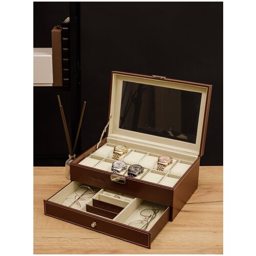 фото Шкатулка большая для хранения часов и украшений cloxbox w79-b черная, подарок на 14 и 23 февраля, 8 марта