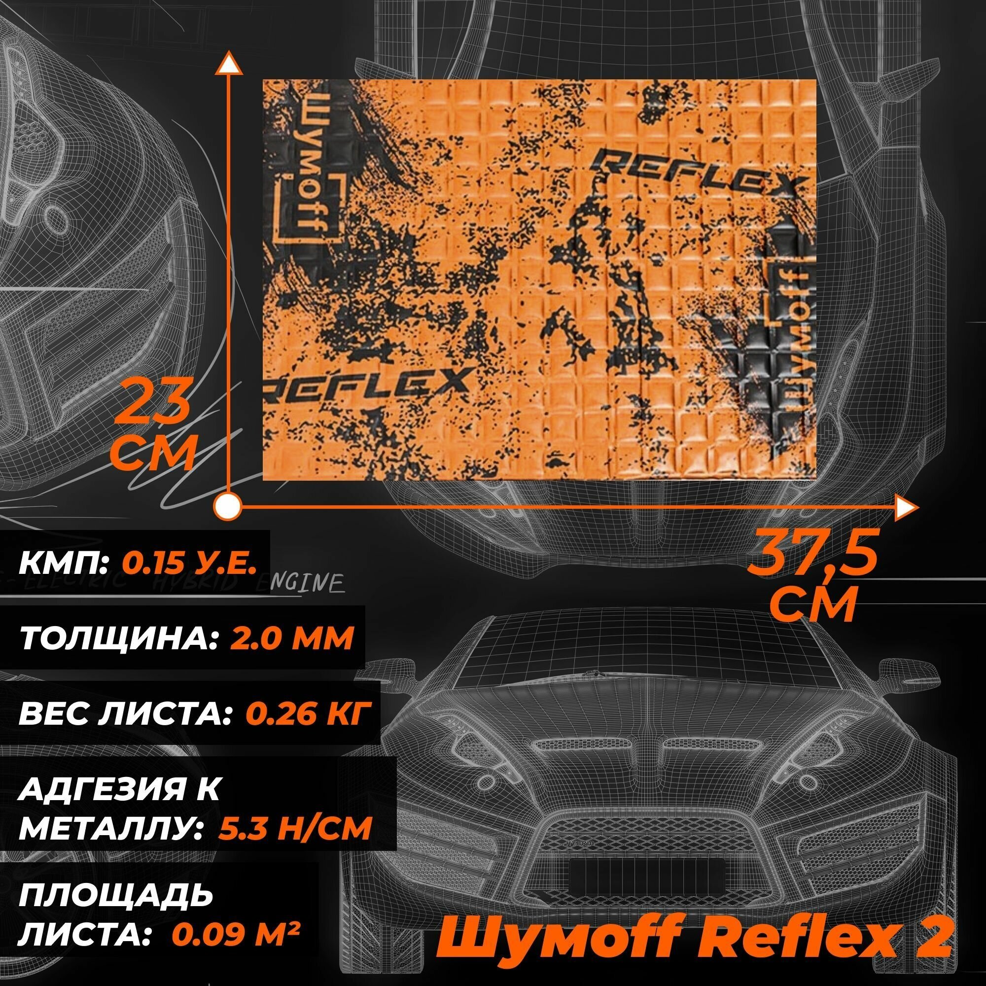 Виброизоляция для автомобиля Шумофф Reflex 2 - 24 листа 37.5 см х 23 см + ролик / Вибродемпфер для потолка, дверей, капота, багажника - толщина 2.0 мм