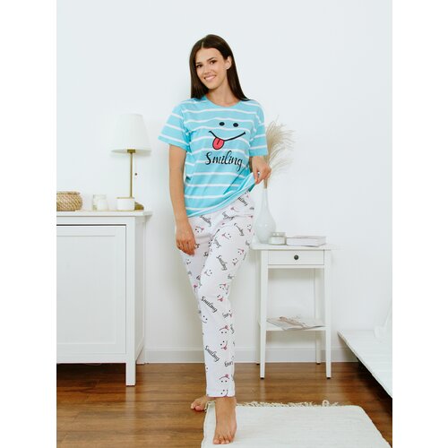 Пижама Ohana market, футболка, брюки, короткий рукав, размер 46, голубой