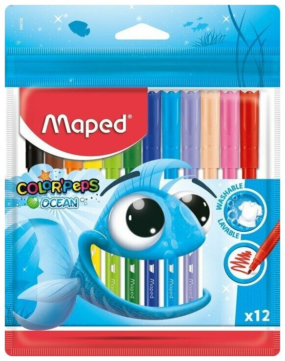 Фломастеры 12 цв. MAPED OCEAN, в пакете с подвесом