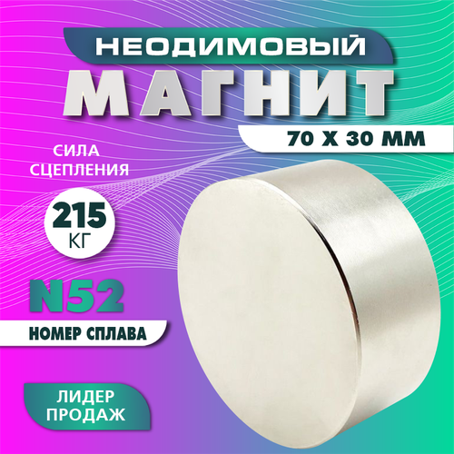 Неодимовый магнит диск 70х30 мм (N52) , сила сцепления 215 кг