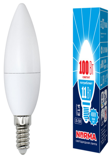 Лампа светодиодная LED-C37-11W/NW/E14/FR/NR Форма свеча, матовая. Серия Norma. Белый свет (4000K). Картон. ТМ Volpe | код UL-00003811 | Uniel ( 1шт )