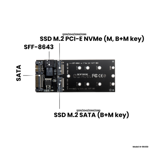 Адаптер-переходник (плата расширения) для SSD M.2 SATA (B+M key) в разъем SATA / M.2 PCI-E NVMe (M, B+M key) в разъем SFF-8643, NFHK N-8643D адаптер переходник для установки накопителей ssd m 2 sata b m key m 2 pcie nvme m key в разъем 2 5 u 2 sff 8639 nfhk n 2510v3