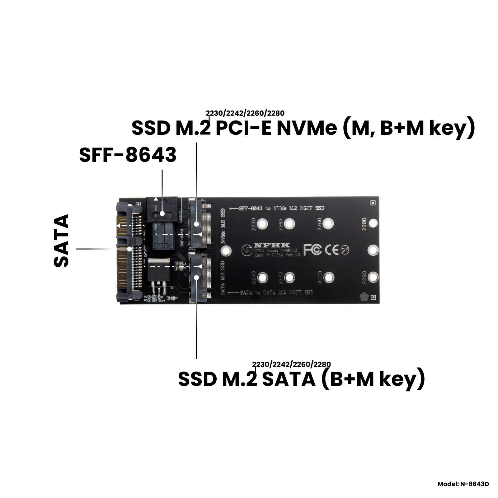 Адаптер-переходник (плата расширения) для SSD M.2 SATA (B+M key) в разъем SATA / M.2 PCI-E NVMe (M B+M key) в разъем SFF-8643 NFHK N-8643D